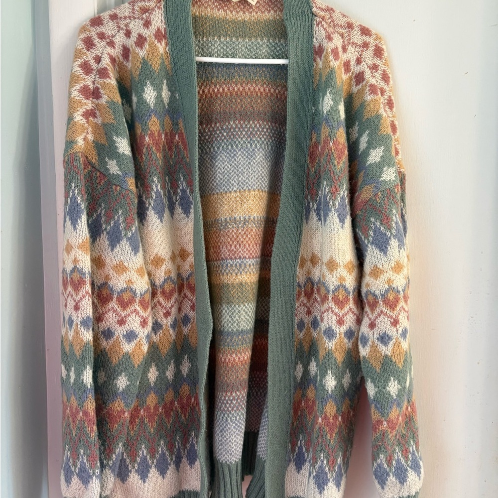 Open-Front Fair Isle Cardigan Sweater - Sage Multi